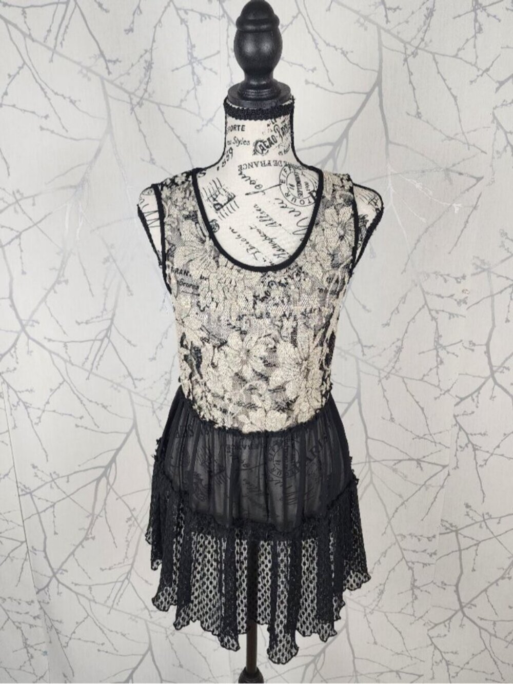 A'reve Ivory Floral Lace Sheer Mesh Round Neck Mini Dress